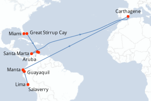 carte itinéraire croisière Amérique du Sud 15 jours au départ du port de Miami
