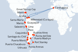 carte itinéraire croisière Amérique du Sud 36 jours au départ du port de Miami
