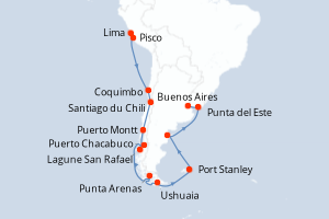 carte itinéraire croisière Amérique du Sud 21 jours au départ du port de Lima