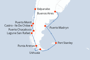 Carte de l'itinéraire de croisière Buenos Aires-Valparaíso d'une durée de 21 jours