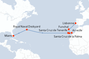 carte itinéraire croisière Atlantique 15 jours au départ du port de Miami