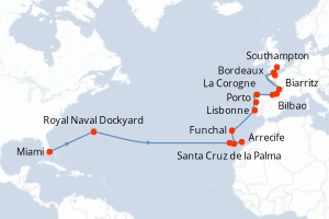 carte itinéraire croisière Transatlantique 25 jours au départ du port de Miami