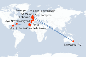 carte itinéraire croisière Transatlantique 37 jours au départ du port de Miami