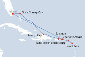 carte itinéraire croisière Caraïbes Bahamas 10 jours au départ du port de Miami