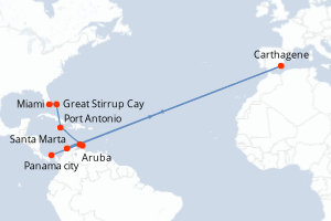 carte itinéraire croisière Caraïbes Bahamas 10 jours au départ du port de Panama city