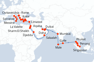 carte itinéraire croisière Asie 52 jours au départ du port de Civitavecchia - Rome