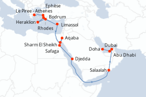carte itinéraire croisière Mer Rouge Océan Indien 21 jours au départ du port de Le Piree - Athenes