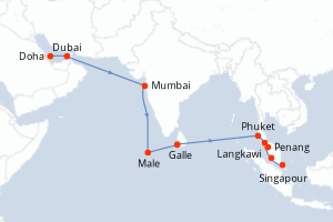 carte itinéraire croisière Asie 21 jours au départ du port de Doha