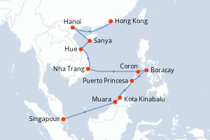 Carte de l'itinéraire de croisière Hong Kong-Singapour d'une durée de 15 jours