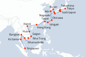 carte itinéraire croisière Asie 28 jours au départ du port de Singapour