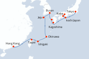 Carte de l'itinéraire de croisière Hong Kong-Tokyo d'une durée de 14 jours