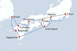 carte itinéraire croisière Asie 10 jours au départ du port de Tokyo