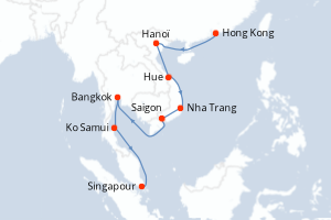 carte itinéraire croisière Asie 14 jours au départ du port de Hong Kong