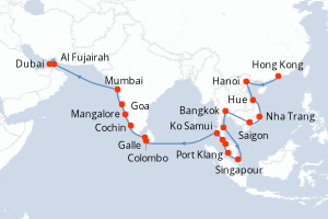 carte itinéraire croisière Moyen-Orient Dubaï 32 jours au départ du port de Hong Kong