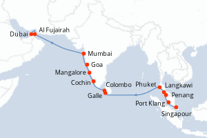 carte itinéraire croisière Moyen-Orient Dubaï 18 jours au départ du port de Singapour