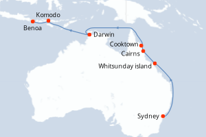 Carte de l'itinéraire de croisière Sydney-Benoa d'une durée de 13 jours