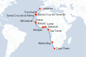 Carte itinéraire croisière Portugal, Espagne, Cap-Vert, Sénégal, Royaume-Uni, Côte d Ivoire, Ghana, Togo, Sao Tomé et Principe, Namibie, Afrique du Sud - 24 jours au départ de Lisbonne - Afrique du Sud