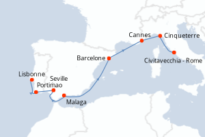 carte itinéraire croisière Méditerranée 8 jours au départ du port de Lisbonne