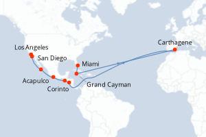 Carte de l'itinéraire de croisière Miami-Los Angeles d'une durée de 15 jours