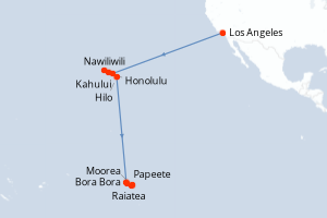 Carte de l'itinéraire de croisière Los Angeles-Papeete d'une durée de 18 jours