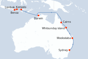 Carte de l'itinéraire de croisière Sydney-Benoa d'une durée de 15 jours