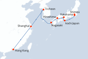 Carte de l'itinéraire de croisière Hong Kong-Yokohama d'une durée de 13 jours