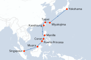 Carte de l'itinéraire de croisière Yokohama-Singapour d'une durée de 15 jours