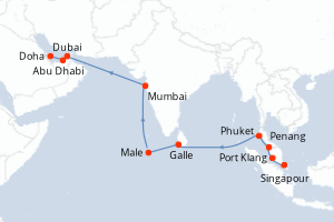 carte itinéraire croisière Mer Rouge Océan Indien 17 jours au départ du port de Singapour
