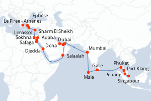 carte itinéraire croisière Méditerranée 37 jours au départ du port de Singapour