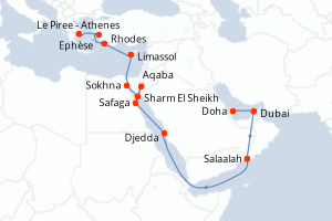 carte itinéraire croisière Mer Rouge Océan Indien 20 jours au départ du port de Doha