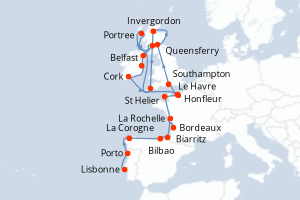 carte itinéraire croisière Europe du Nord 22 jours au départ du port de Lisbonne