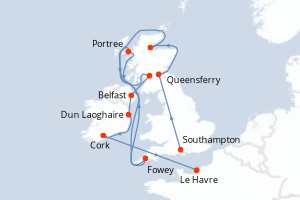 carte itinéraire croisière Europe du Nord 11 jours au départ du port de Southampton