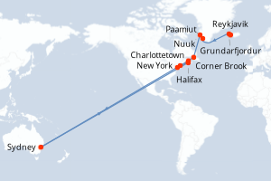carte itinéraire croisière Amérique du Nord 17 jours au départ du port de Reykjavik