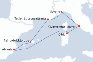 Carte de l'itinéraire de croisière Toulon La seyne sur mer-Toulon La seyne sur mer d'une durée de 7 jours