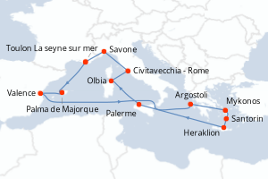 carte itinéraire croisière Sicile 14 jours au départ du port de Toulon La seyne sur mer