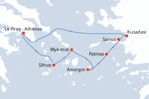 Carte de l'itinéraire de croisière Le Piree - Athenes-Le Piree - Athenes d'une durée de 7 jours