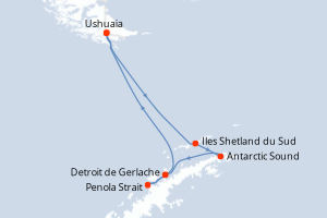 carte itinéraire croisière Antarctique 15 jours au départ du port de Ushuaia