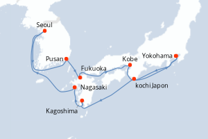 carte itinéraire croisière Asie 14 jours au départ du port de Yokohama