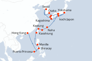 carte itinéraire croisière Asie 28 jours au départ du port de Hong Kong