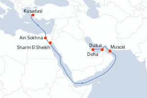 carte itinéraire croisière Mer Rouge Océan Indien 13 jours au départ du port de Doha