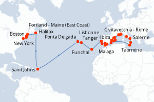 carte itinéraire croisière Transatlantique 34 jours au départ du port de Civitavecchia - Rome
