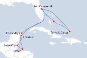 Carte de l'itinéraire de croisière Port Canaveral-Port Canaveral d'une durée de 12 jours