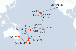 Carte de l'itinéraire de croisière Los Angeles-Sydney d'une durée de 40 jours
