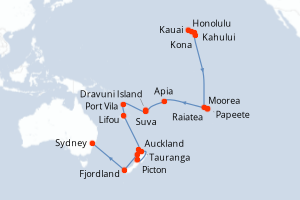 carte itinéraire croisière Australie Nouvelle Zélande 34 jours au départ du port de Honolulu
