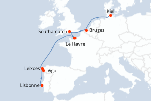 carte itinéraire croisière Europe du Nord 9 jours au départ du port de Lisbonne