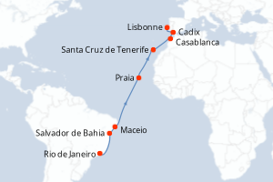 carte itinéraire croisière Atlantique 16 jours au départ du port de Rio de Janeiro