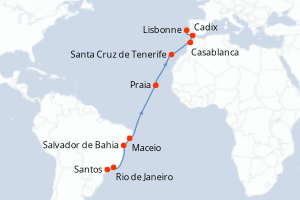 Carte de l'itinéraire de croisière Santos-Lisbonne d'une durée de 17 jours