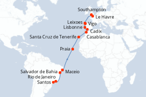 carte itinéraire croisière Transatlantique 22 jours au départ du port de Santos