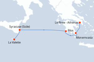 Carte de l'itinéraire de croisière Le Piree - Athenes-La Valette d'une durée de 5 jours