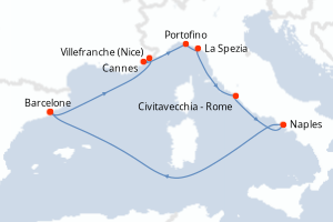 Carte de l'itinéraire de croisière Barcelone-Barcelone d'une durée de 7 jours